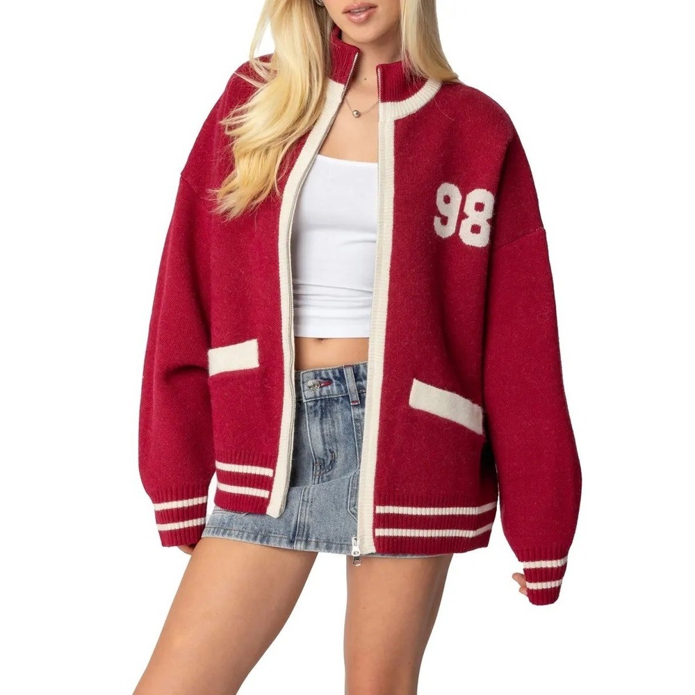 Edikted 98 Varsity Zip-Up Varsity Sweater Cardigan Jacket